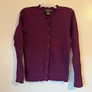 Eddie Bauer Cable Knit Button Up Cardigan Ruffle Detail